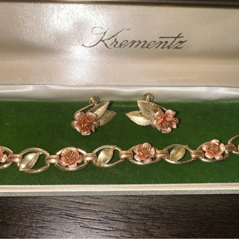 Late 50s/Early 60s Krementz Rose Earrings and Bracelet Set